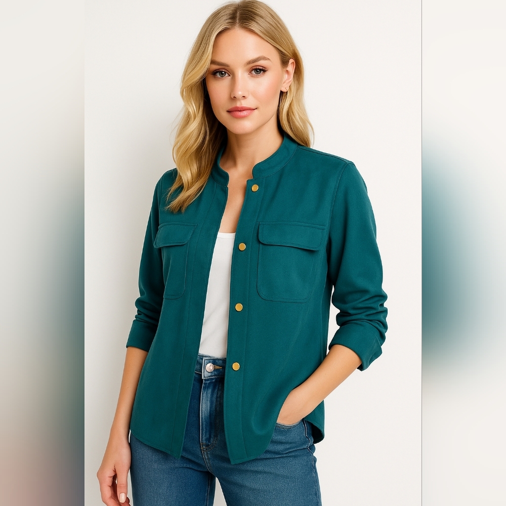 Chico’s Faux Suede Teal Shacket w/ Gold Snap Buttons Size 2 (Large)